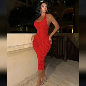 Women Sexy Solid Color Slim Backless Halter Bodycon Dress With Texture For Summe